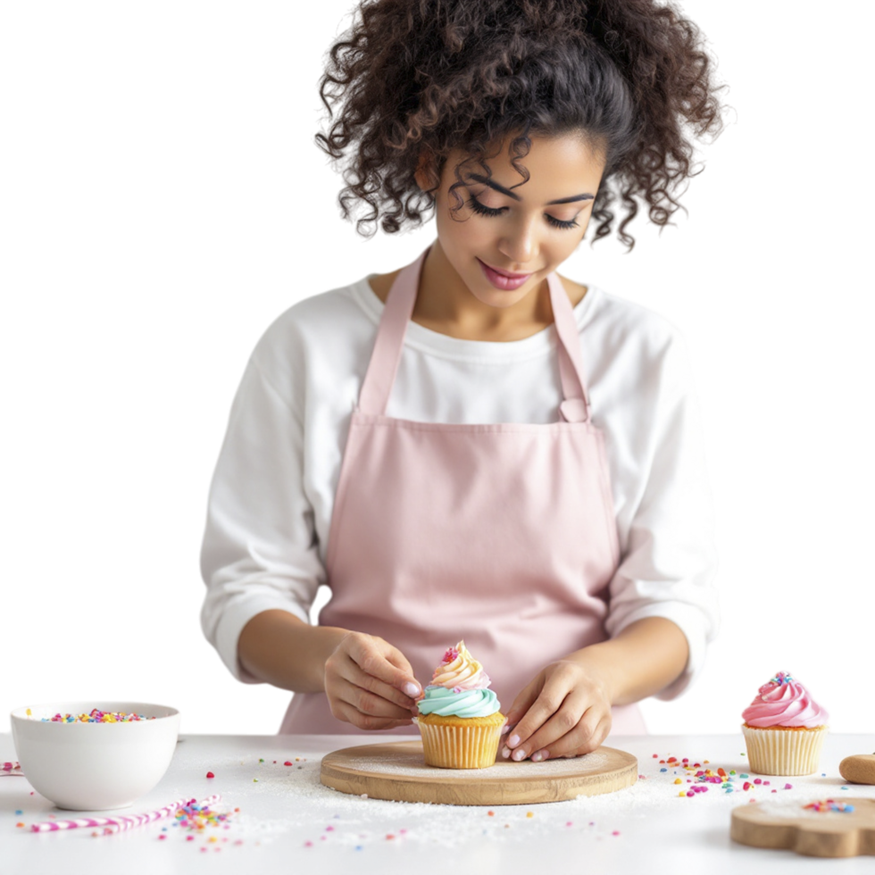 A woman in an apron is making a cupcake png