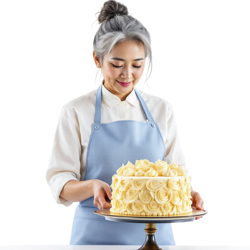 A woman in an apron is holding a large cake png
