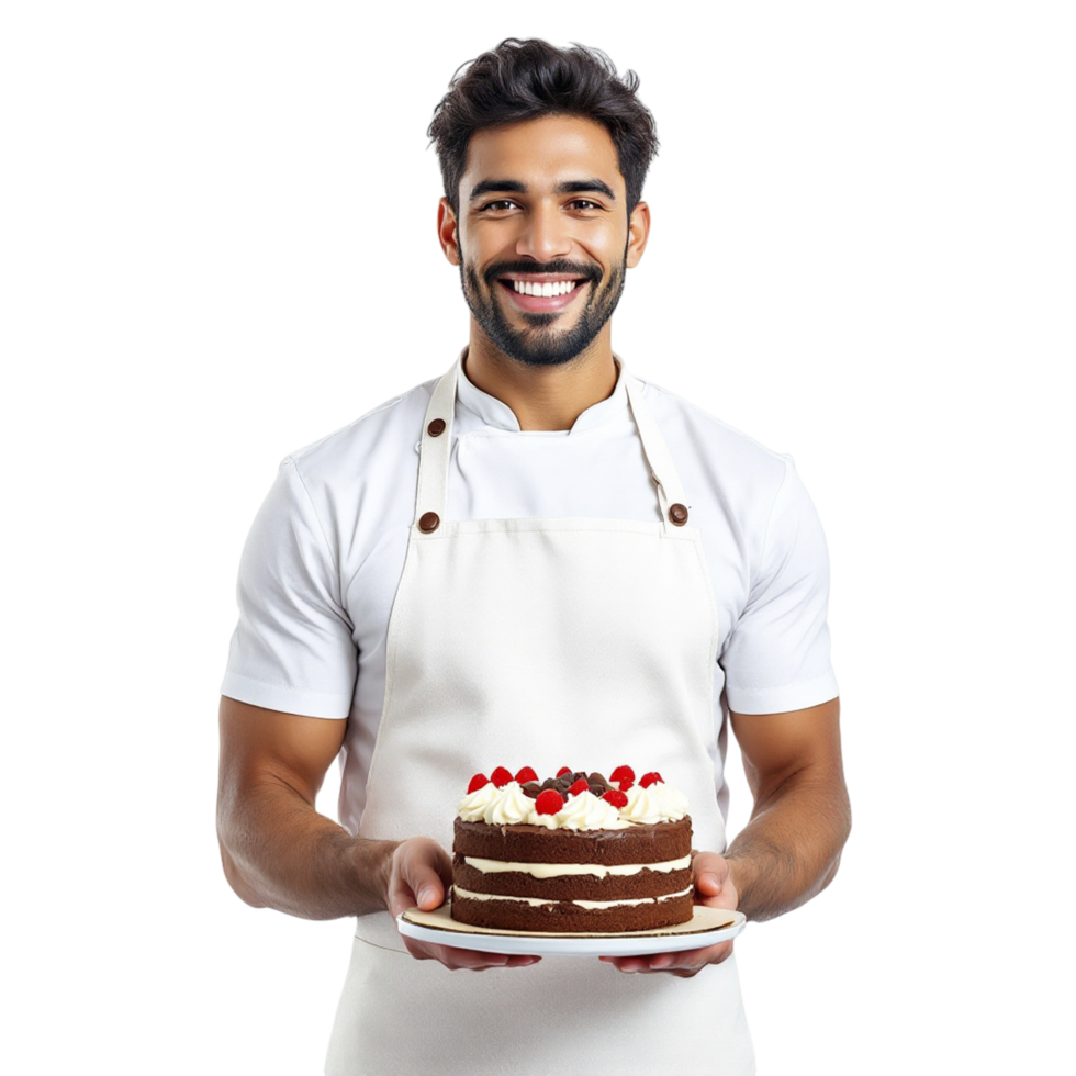 A male chef holding a cake with a cherry on top png