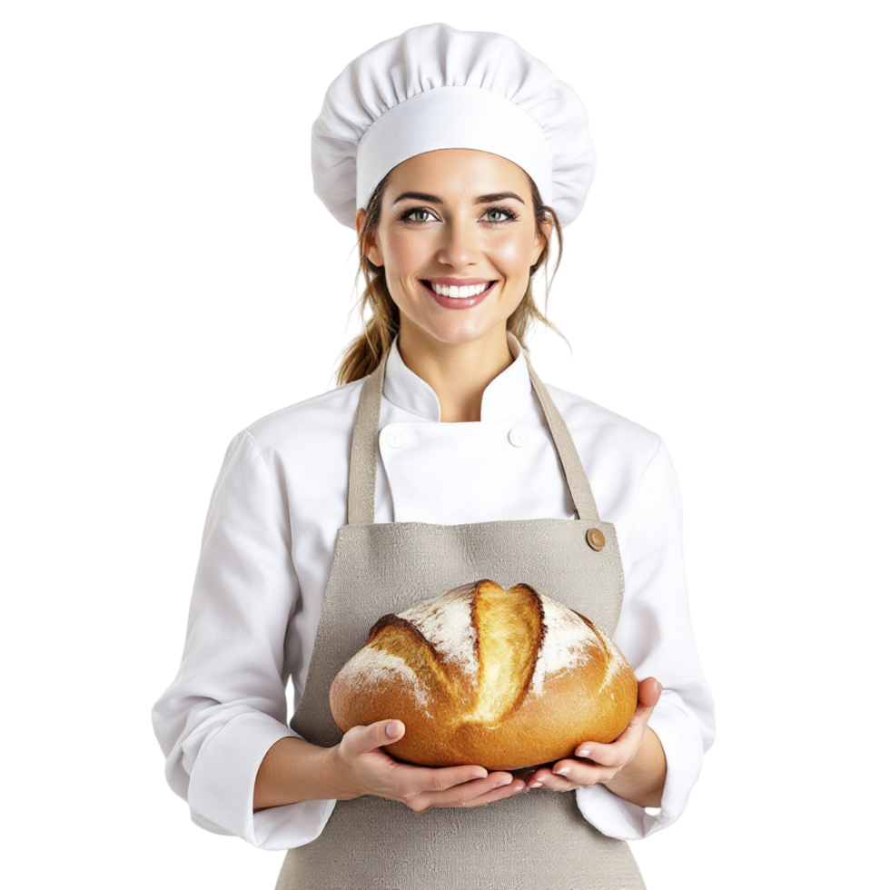 A woman in a chef hat holding a loaf of bread png