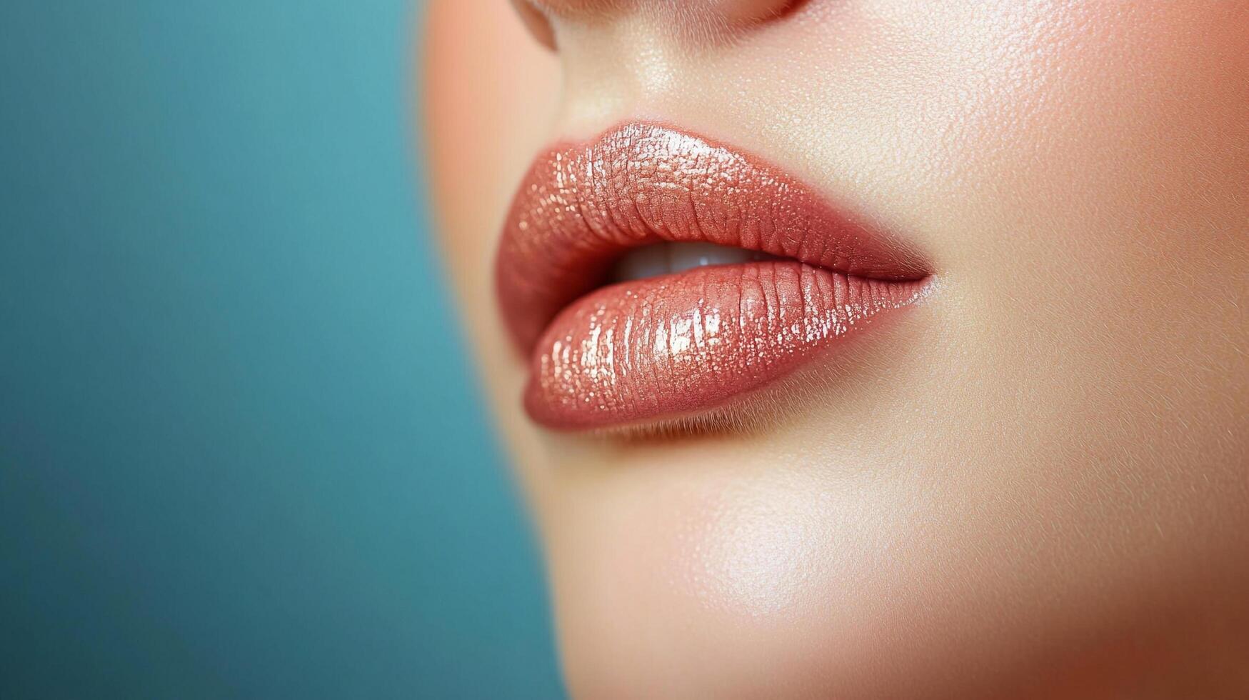 Close-up captures the shimmer on full lips, with a soft focus background enhancing the focus on the delicate detail of the skin. photo