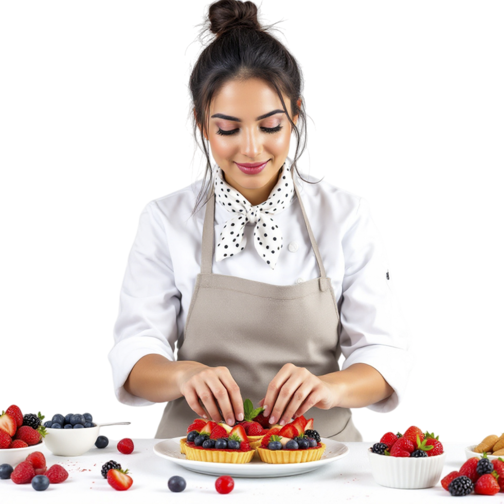 A woman in a chef's apron is making a pastry png