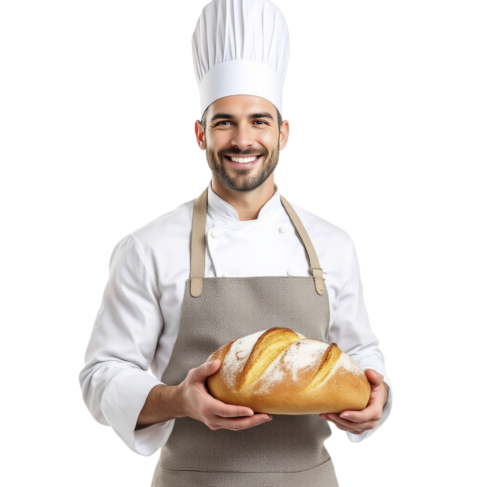 A male chef holding a loaf of bread png