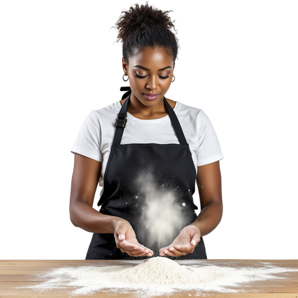 A woman in an apron is holding a bowl of flour png