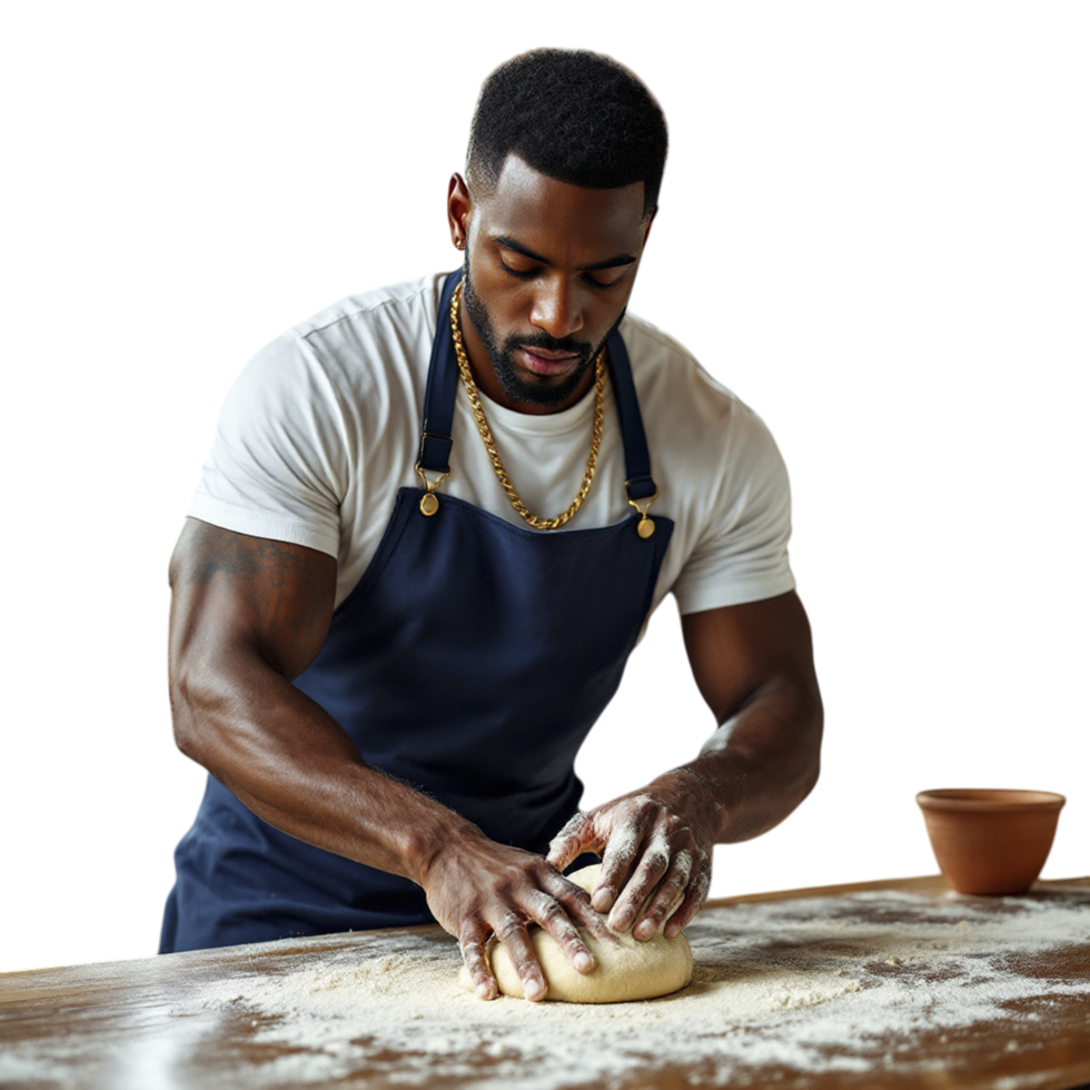 A man in an apron kneading dough on a table png