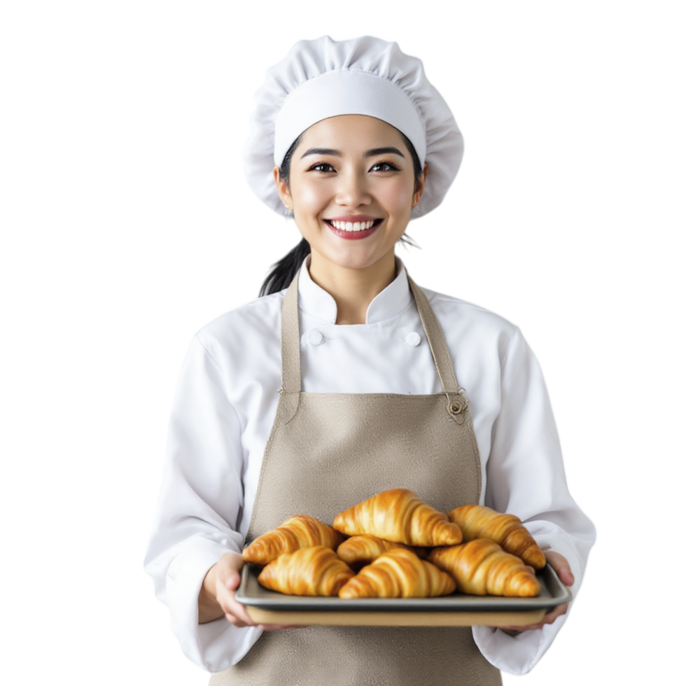 A woman in a chef hat holding a tray of croissants png