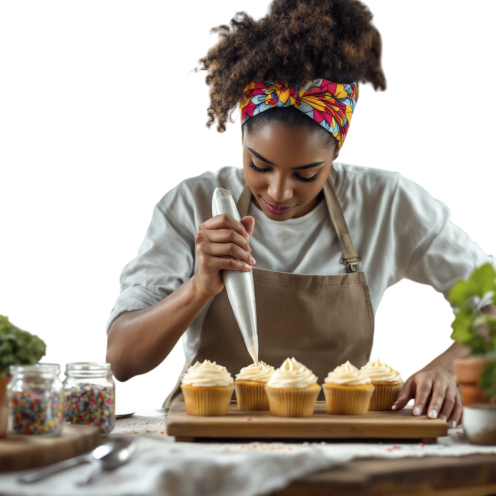 A woman in apron making cupcakes png