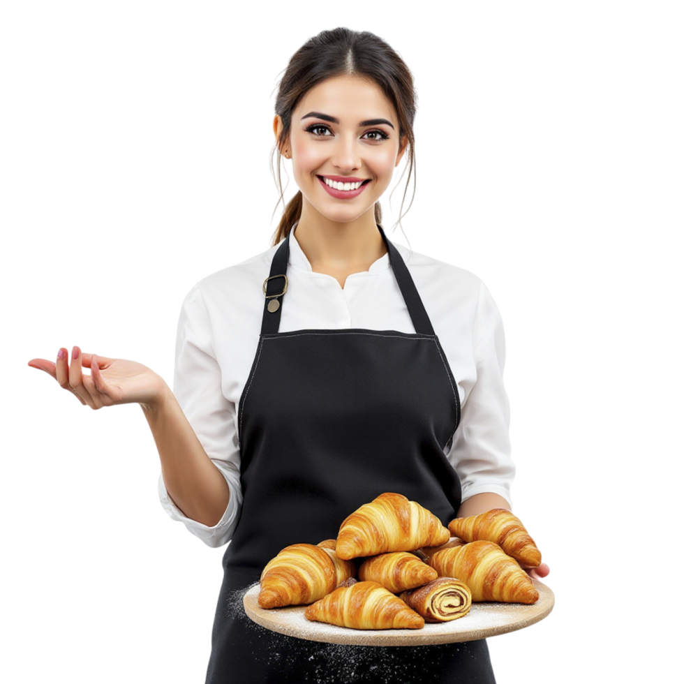 A woman in an apron holding a tray of croissants png