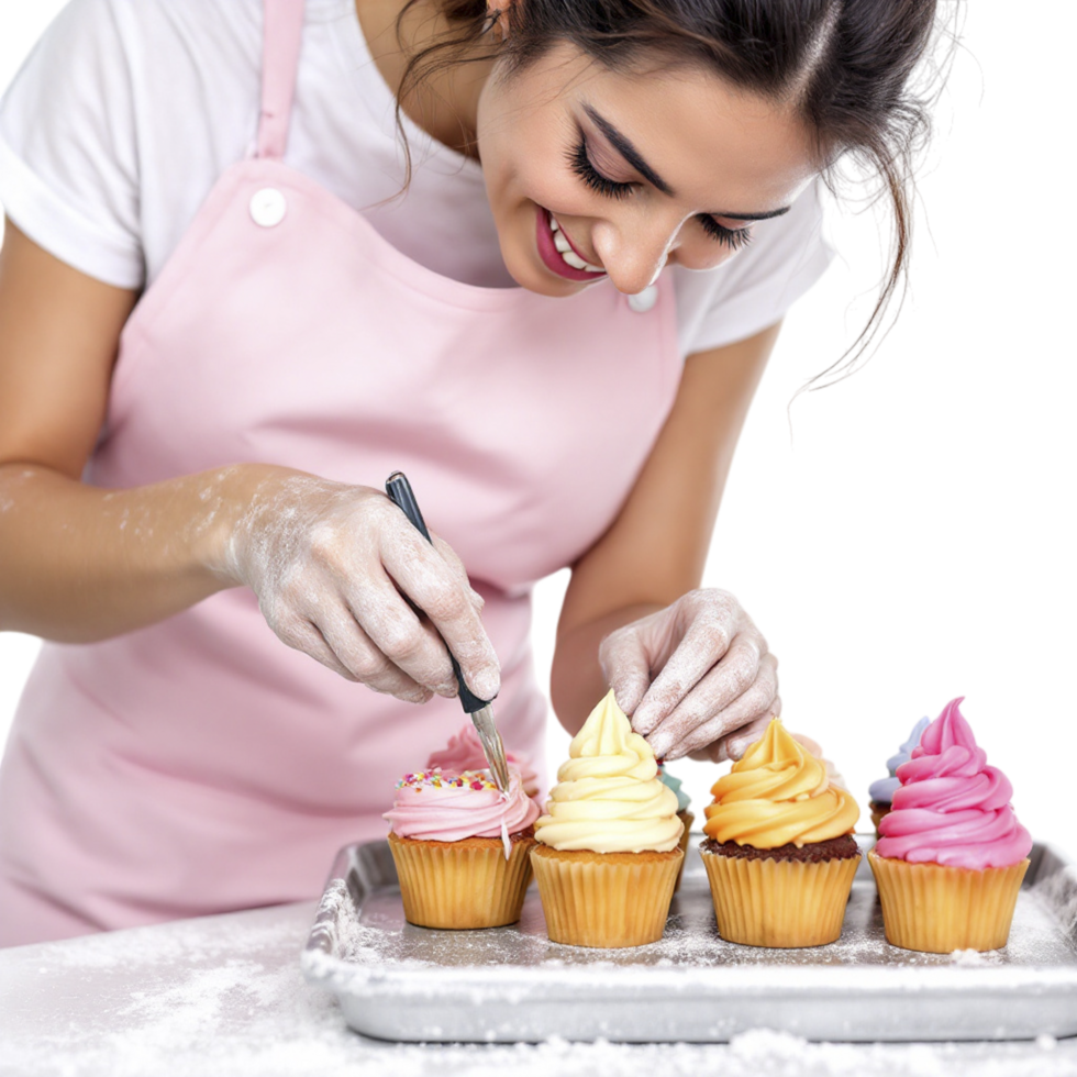A woman in an apron is making cupcakes png
