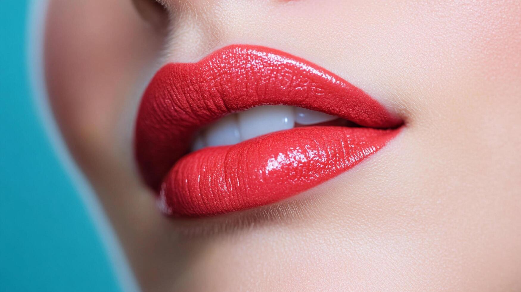 Close-up shot of luscious red lips with a glossy finish. The vibrant color and smooth texture create a striking, alluring beauty statement. photo