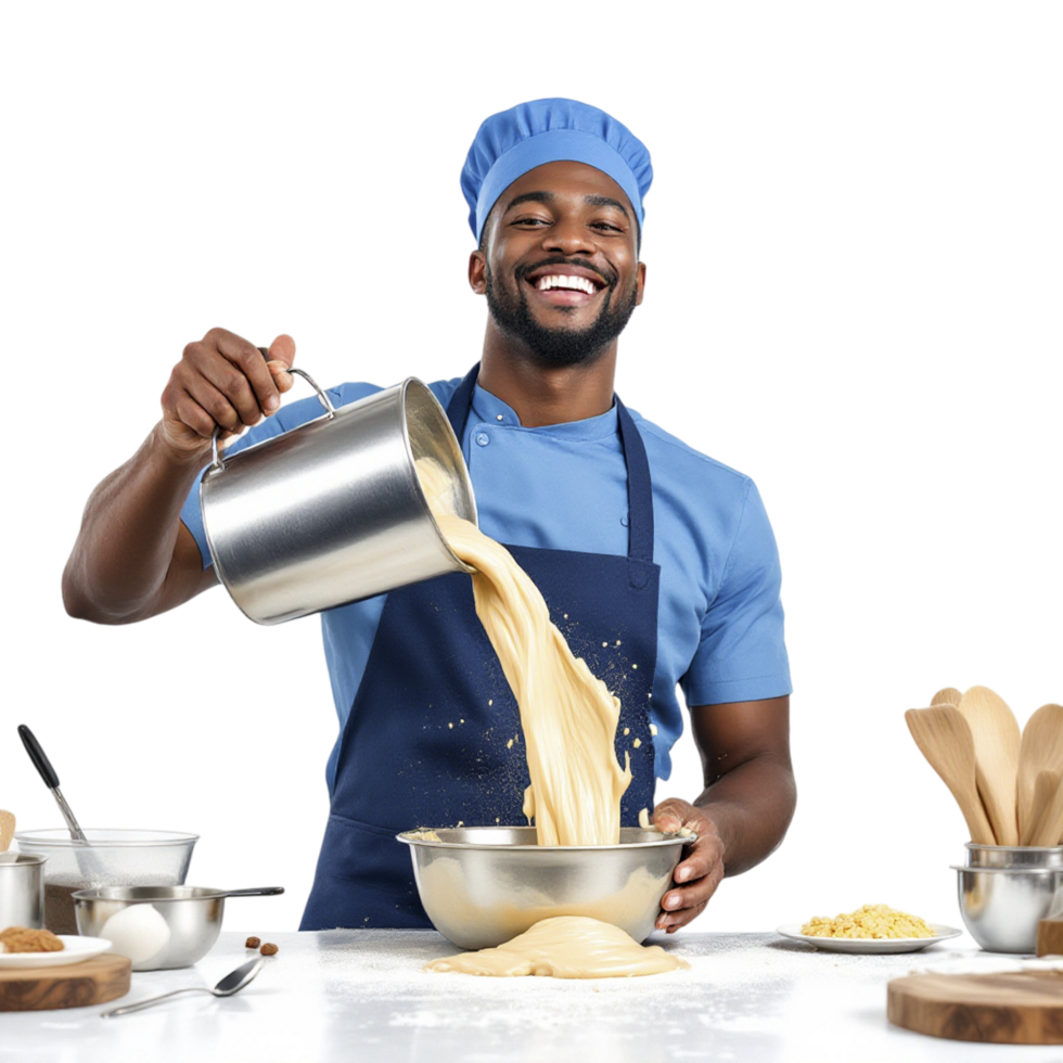 A smiling man in an apron pouring flour into a bowl png