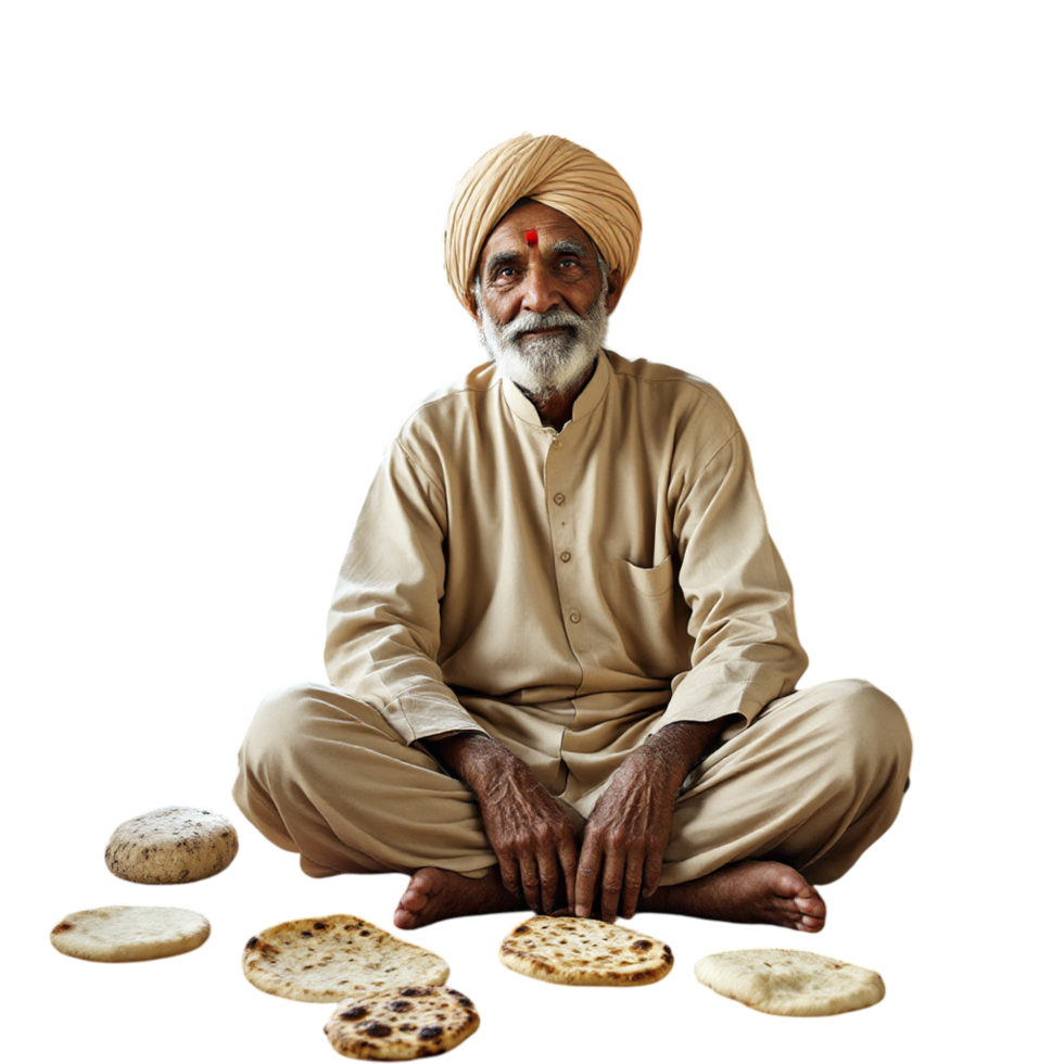 An old man sitting on the ground with a bunch of bread png