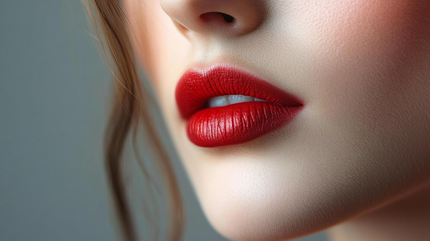 Close-up of a woman's face featuring vibrant red lipstick. The focus is on the lips, showcasing their smooth texture and rich color. photo
