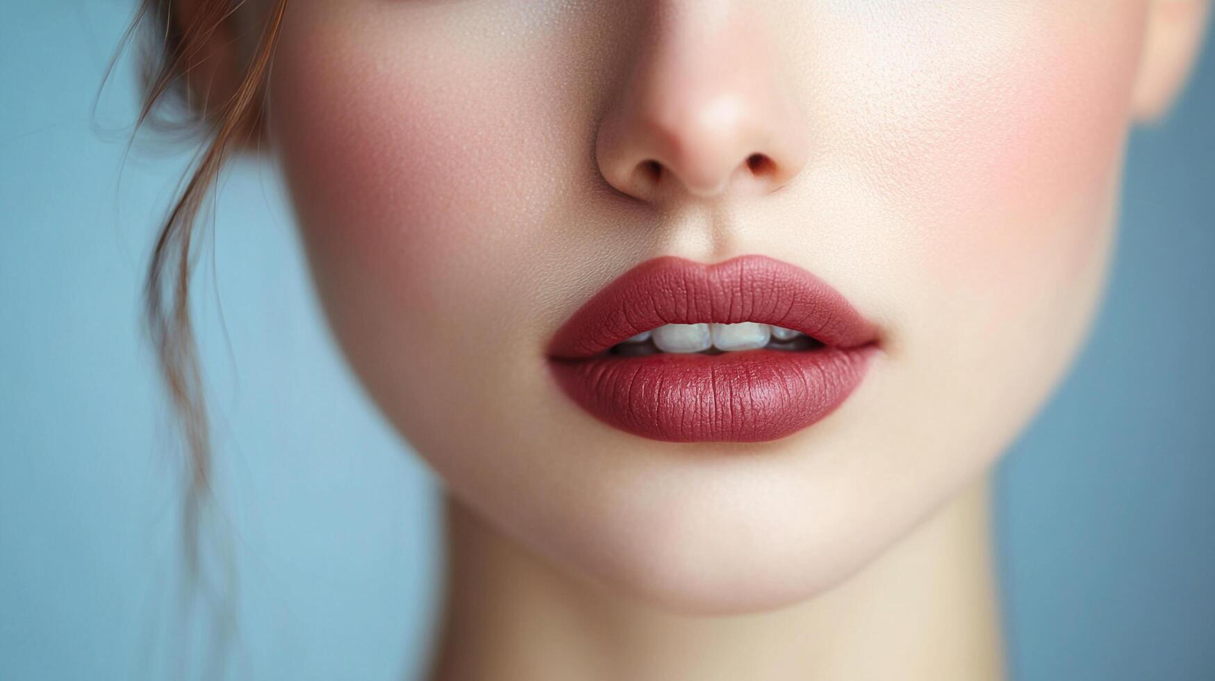 Close-up of a face featuring red lips, clear skin, and subtle blush. The model is a young woman with a minimalist makeup look and natural features. photo