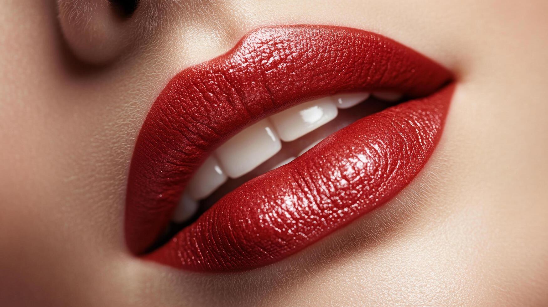 Close-up of lips with vibrant red color, emphasizing the texture and white teeth. The skin appears smooth and the focus is on the lips. photo