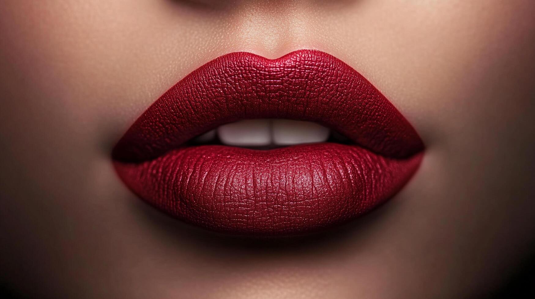 A close-up showcases bold red lipstick, accentuating the full lips and a glimpse of white teeth. The smooth skin offers a flawless backdrop. photo