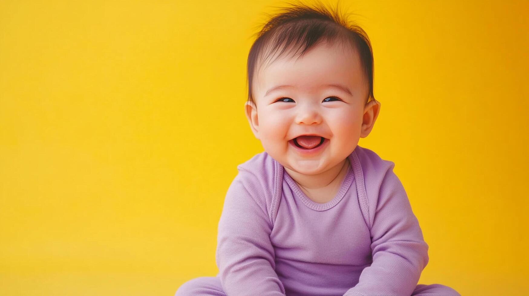 Adorable baby with a bright smile and a vibrant yellow background. Wearing a cute purple outfit. Joyful and innocent expressions. Perfect for print ads. photo