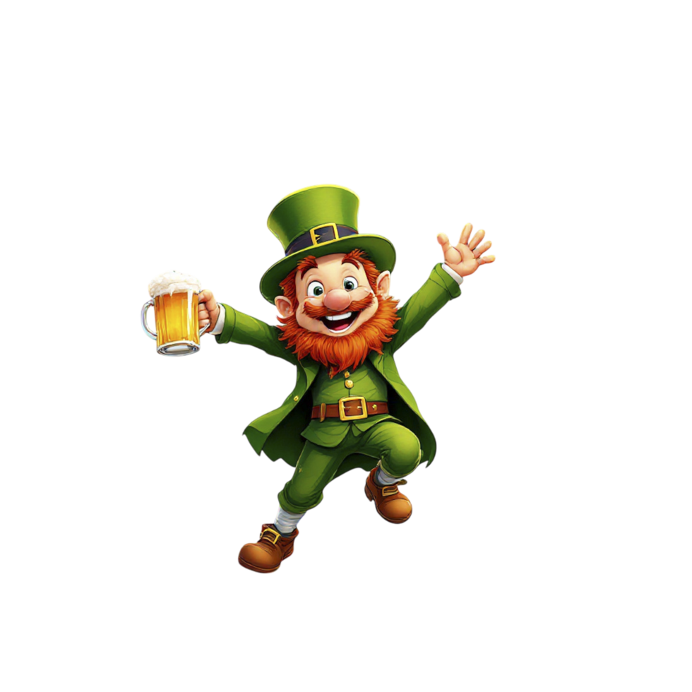 A leprechaun holding a beer and jumping png