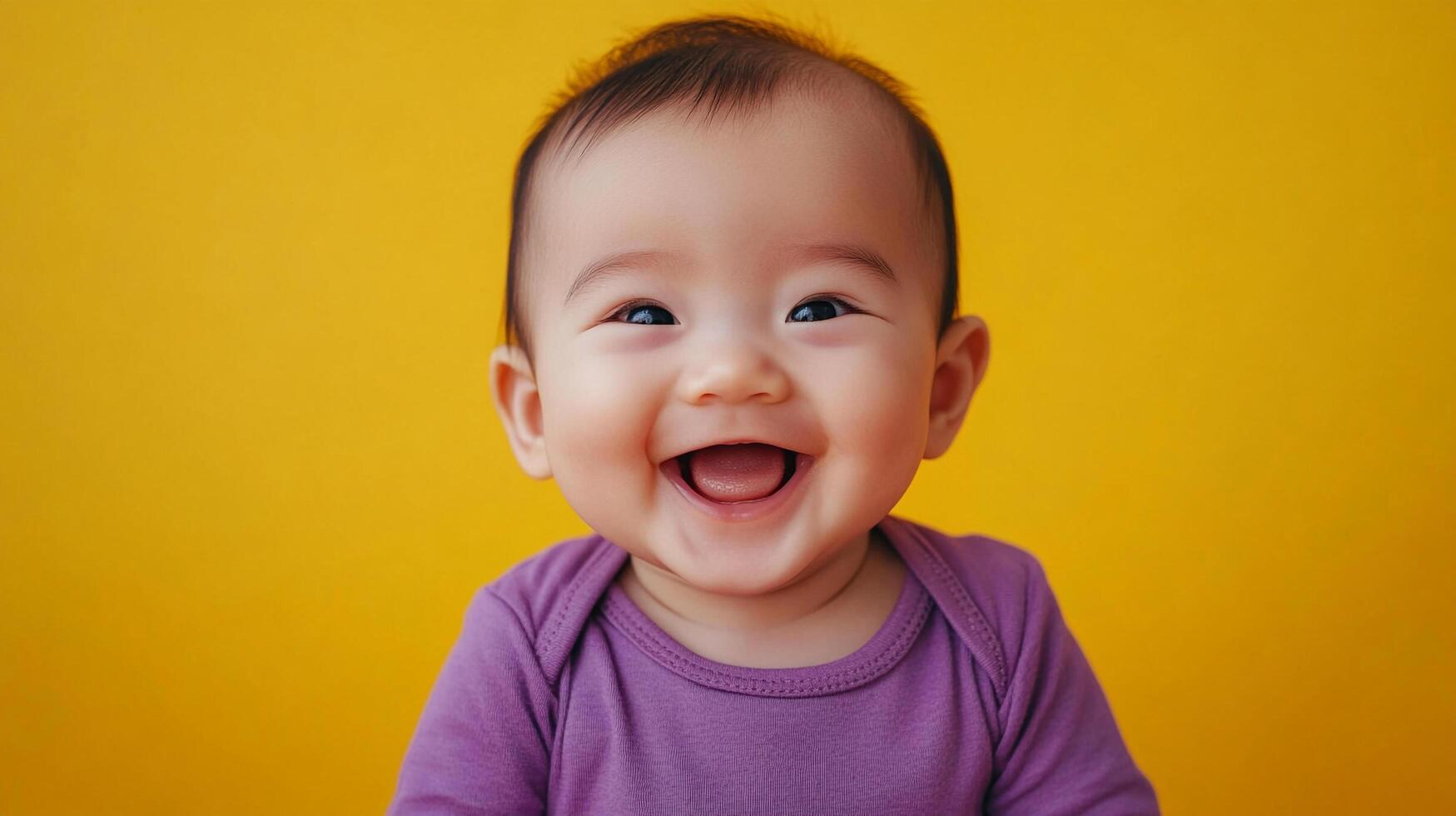 A cheerful baby smiles broadly against a sunny yellow backdrop, radiating innocence and happiness in their purple clothing. photo