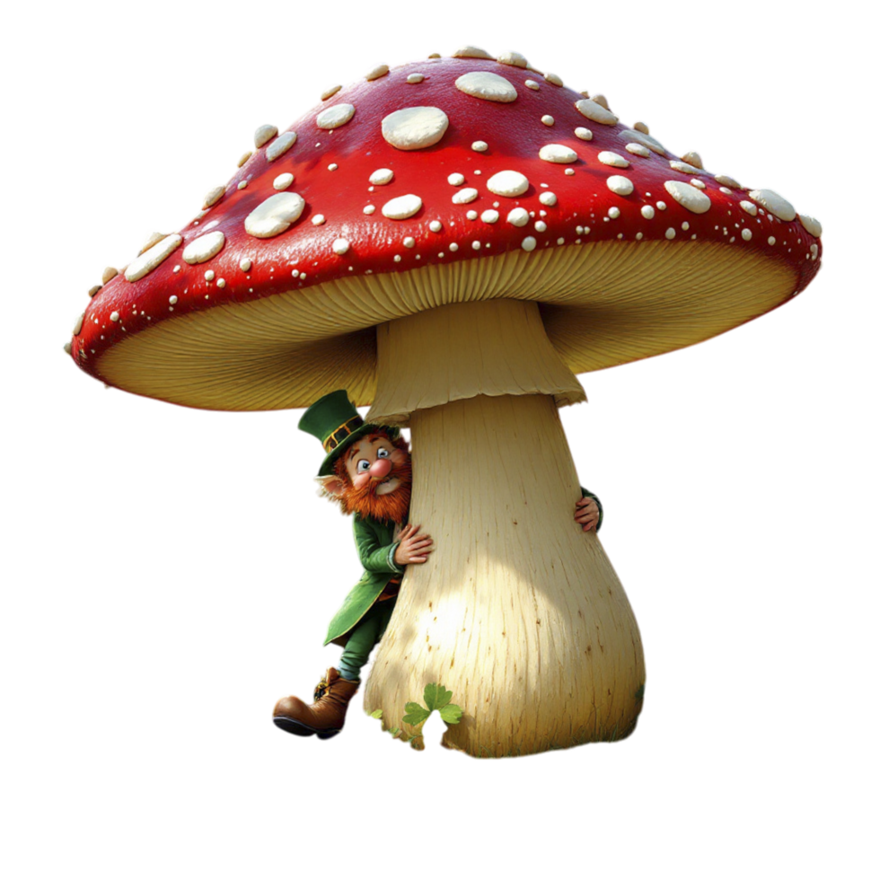 A leprechaun is standing next to a large mushroom png