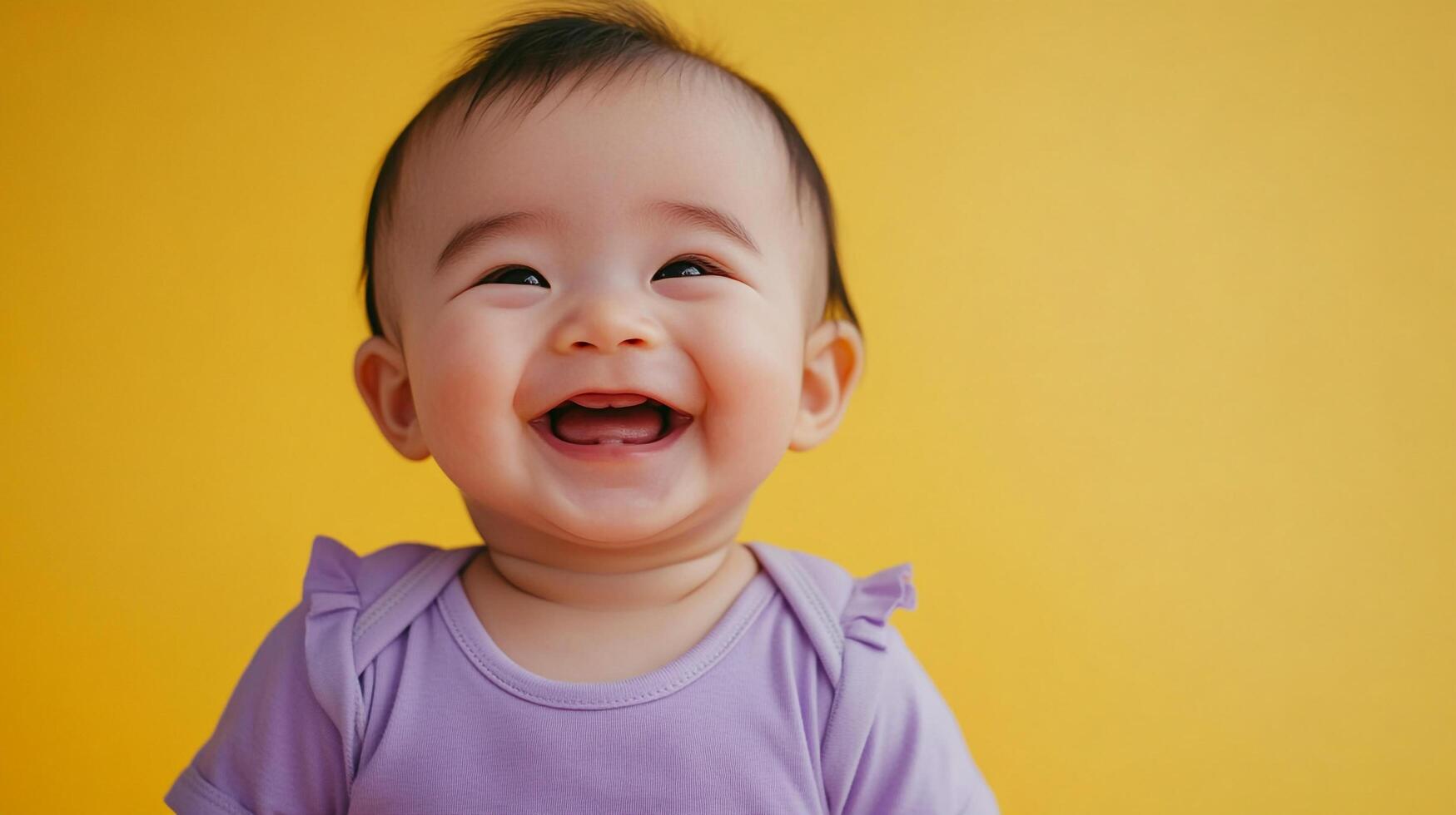 A joyful baby with a radiant smile, captured in a bright studio setting, their happiness illuminating the frame with warmth and cheer. photo