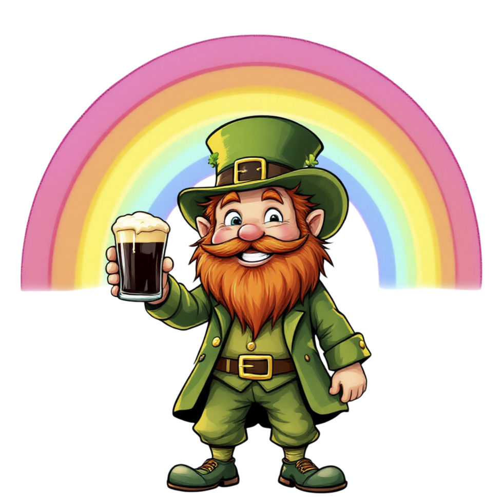 A cartoon leprechaun holding a beer in front of a rainbow png