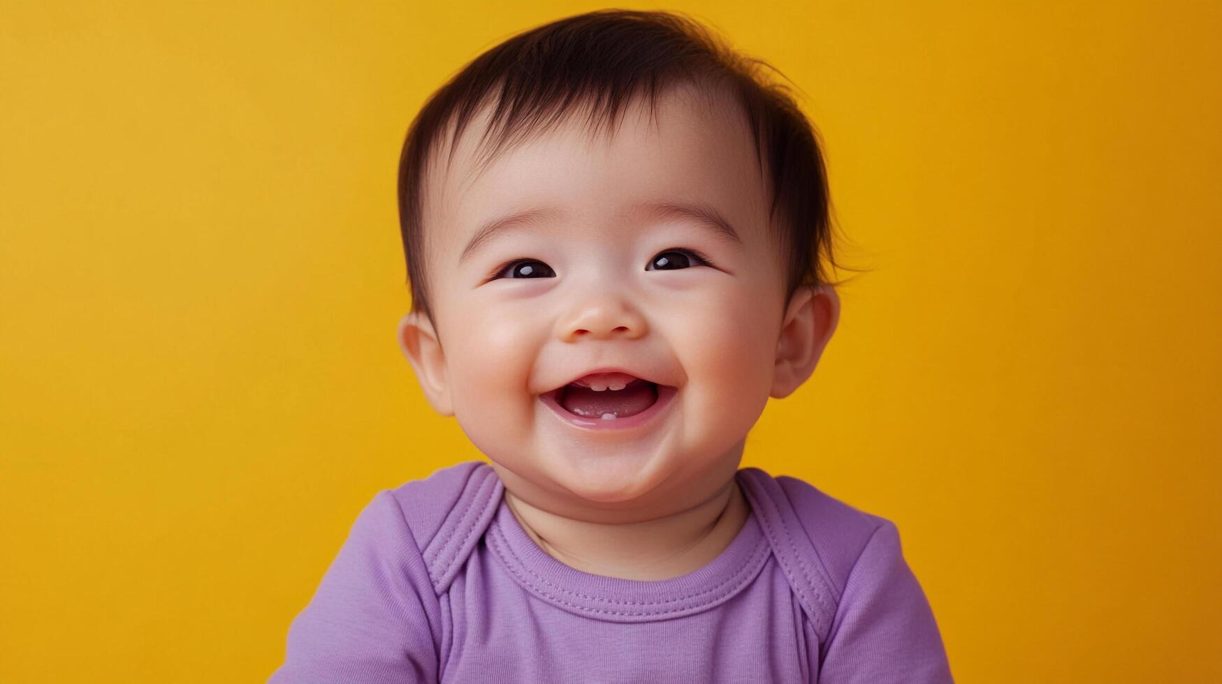 Delightful baby portrait, beaming with pure joy, set against a cheerful, bright yellow backdrop, embodying innocence and happiness. photo