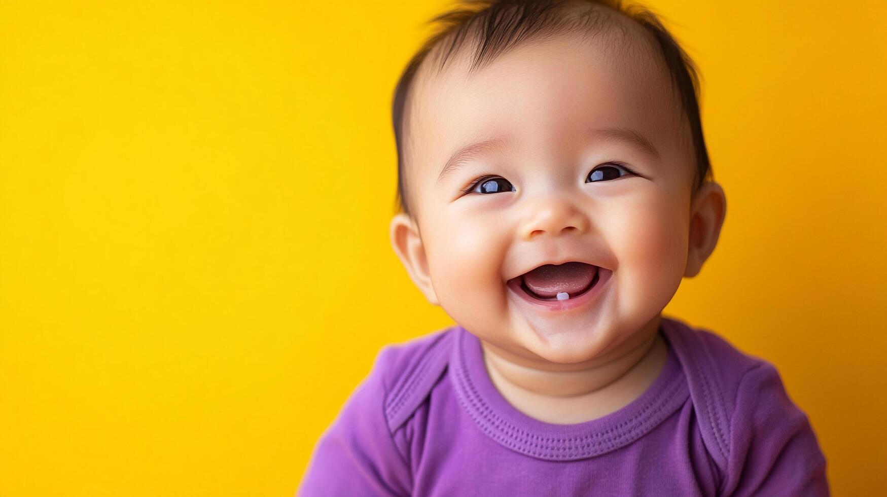 Adorable infant joyfully grins, revealing a single tooth. Its captivating smile radiates pure delight against a vivid backdrop. photo