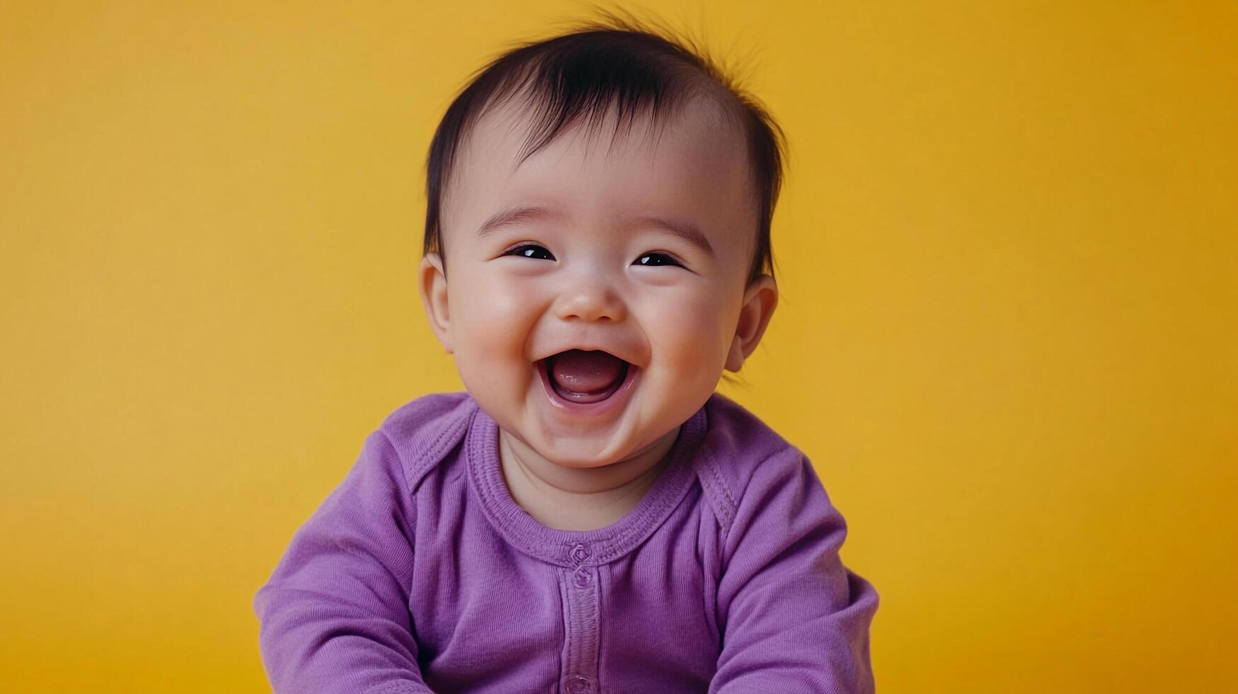 A happy baby with dark hair, wearing purple pajamas and a big smile, poses against a warm yellow backdrop, radiating joy and playfulness. photo