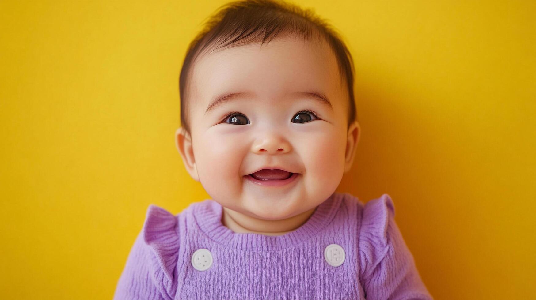 A heartwarming portrait captures the innocence and radiant joy of a smiling baby against a bright yellow backdrop, in perfect harmony. photo