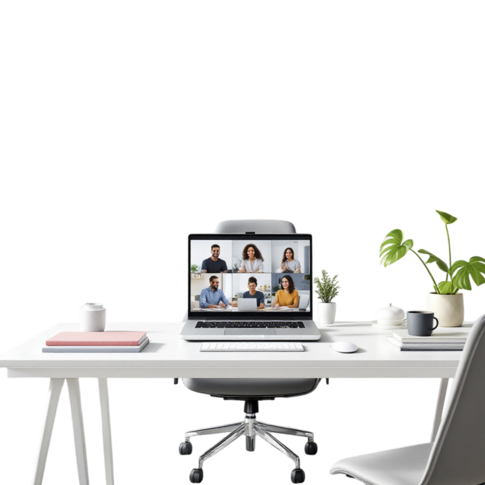 A white desk with a laptop and two chairs png