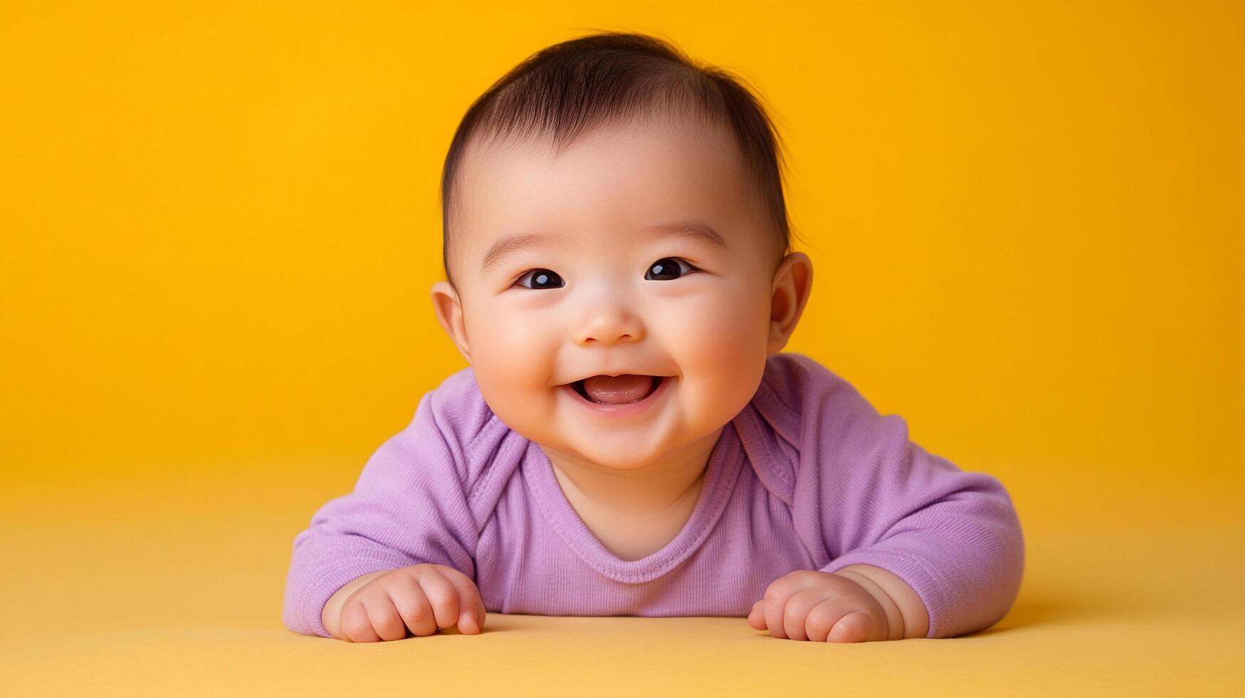 A radiant infant, brimming with joy, offers a captivating smile against a vibrant yellow backdrop. Pure happiness and infant joy radiate. photo