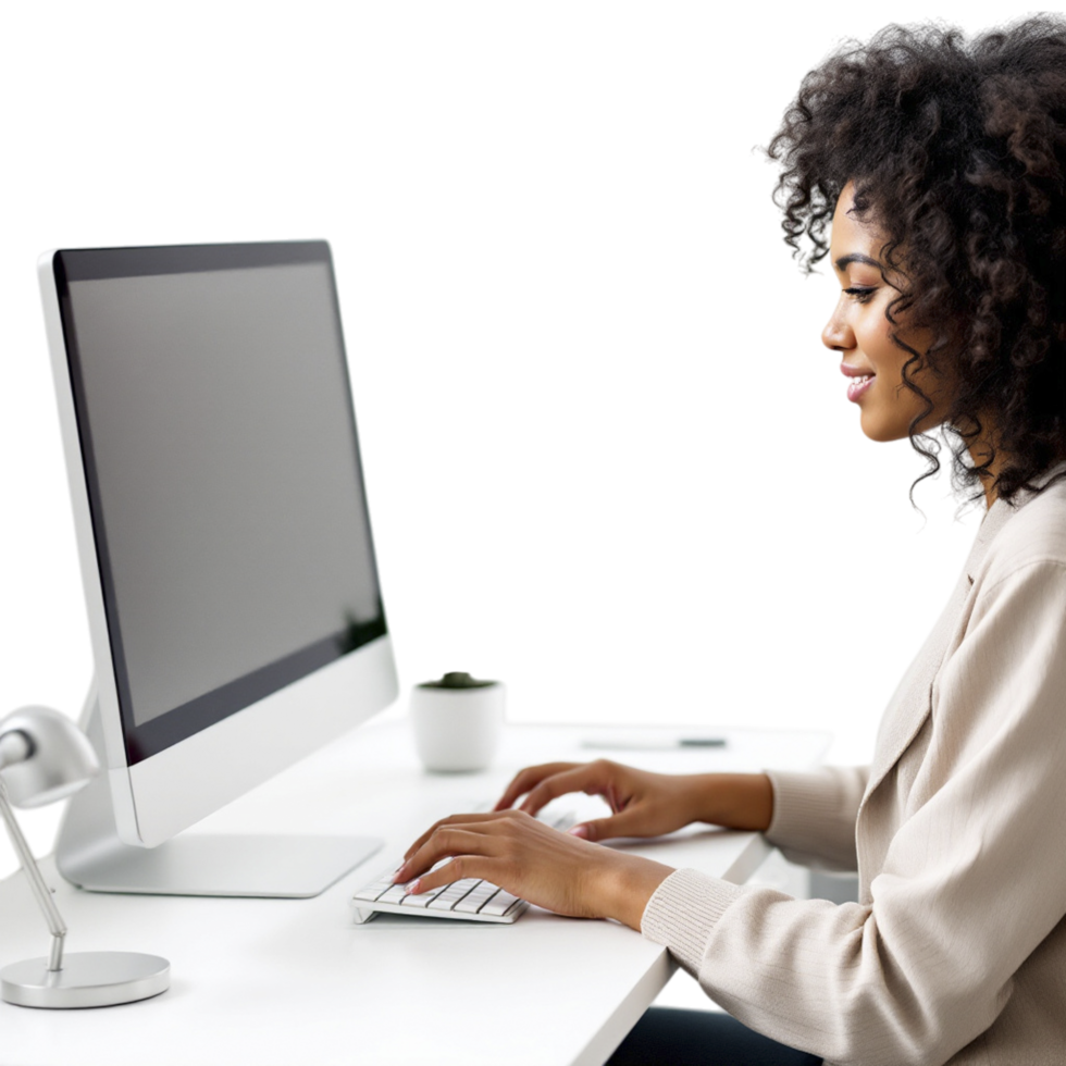 A woman is sitting at a desk with a computer png