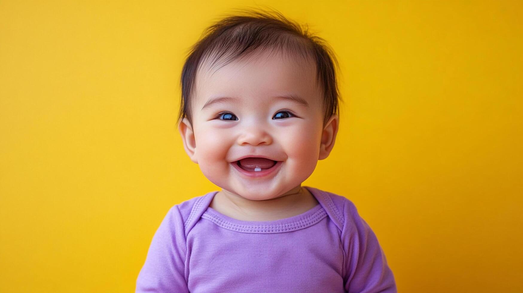 Cute baby with purple shirt smiling with a yellow background. The adorable child is clearly amused and showing happiness. photo