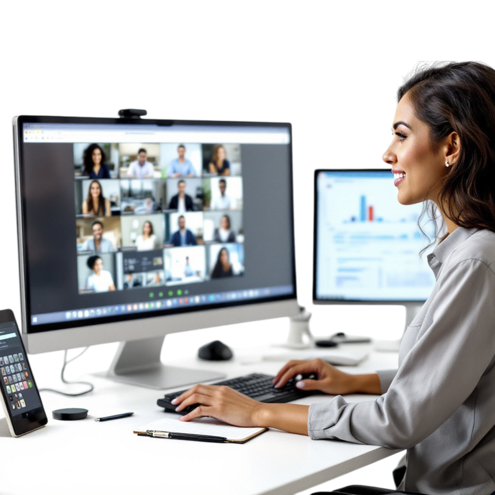 A woman is working on her computer while looking at a conference png