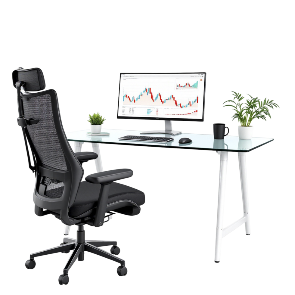 A computer desk with a monitor and chair png