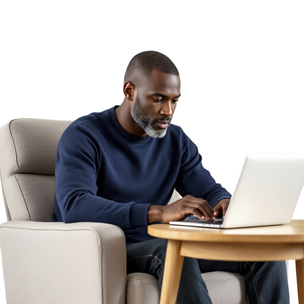 A man sitting in a chair with a laptop png