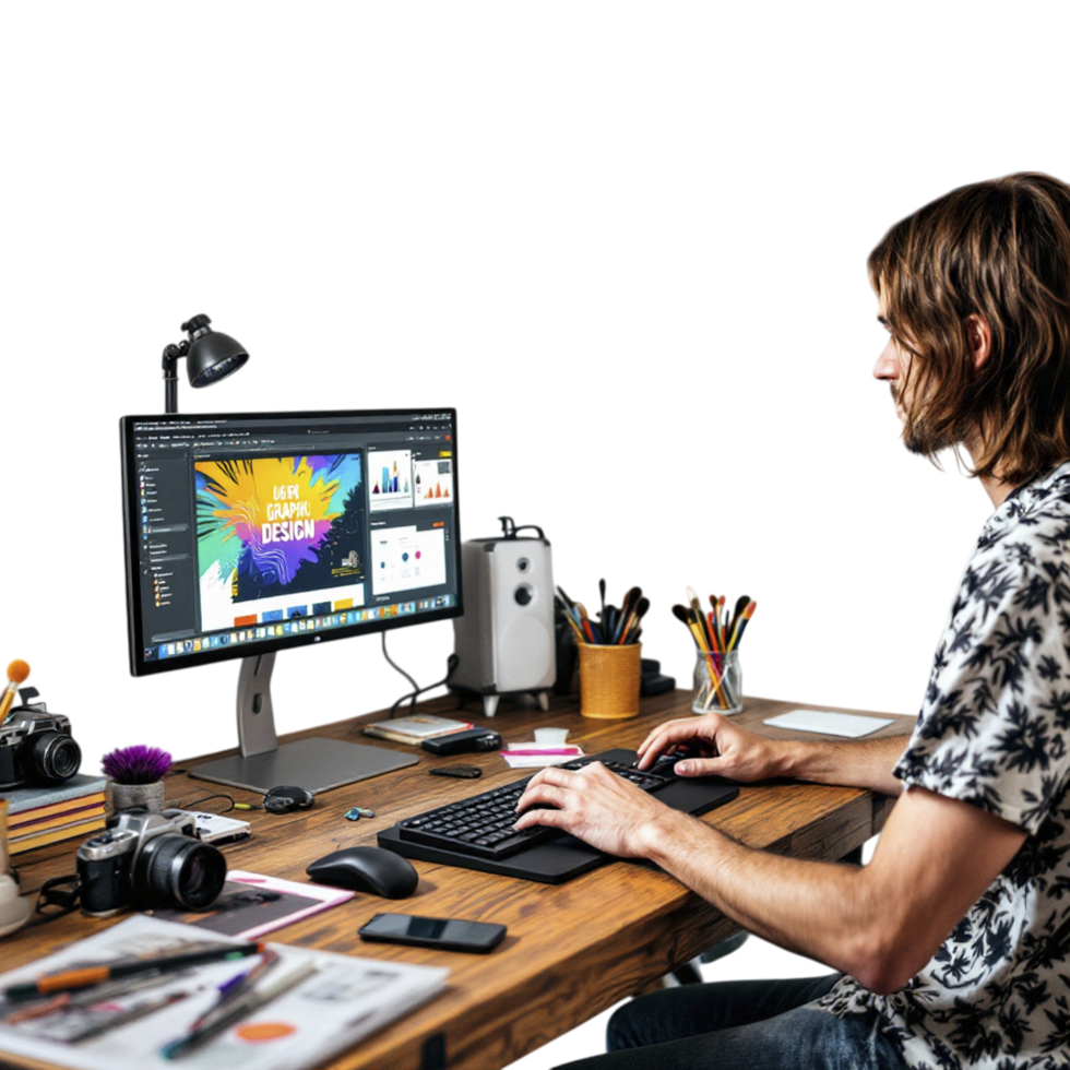 A man is sitting at a desk with a computer and a keyboard png