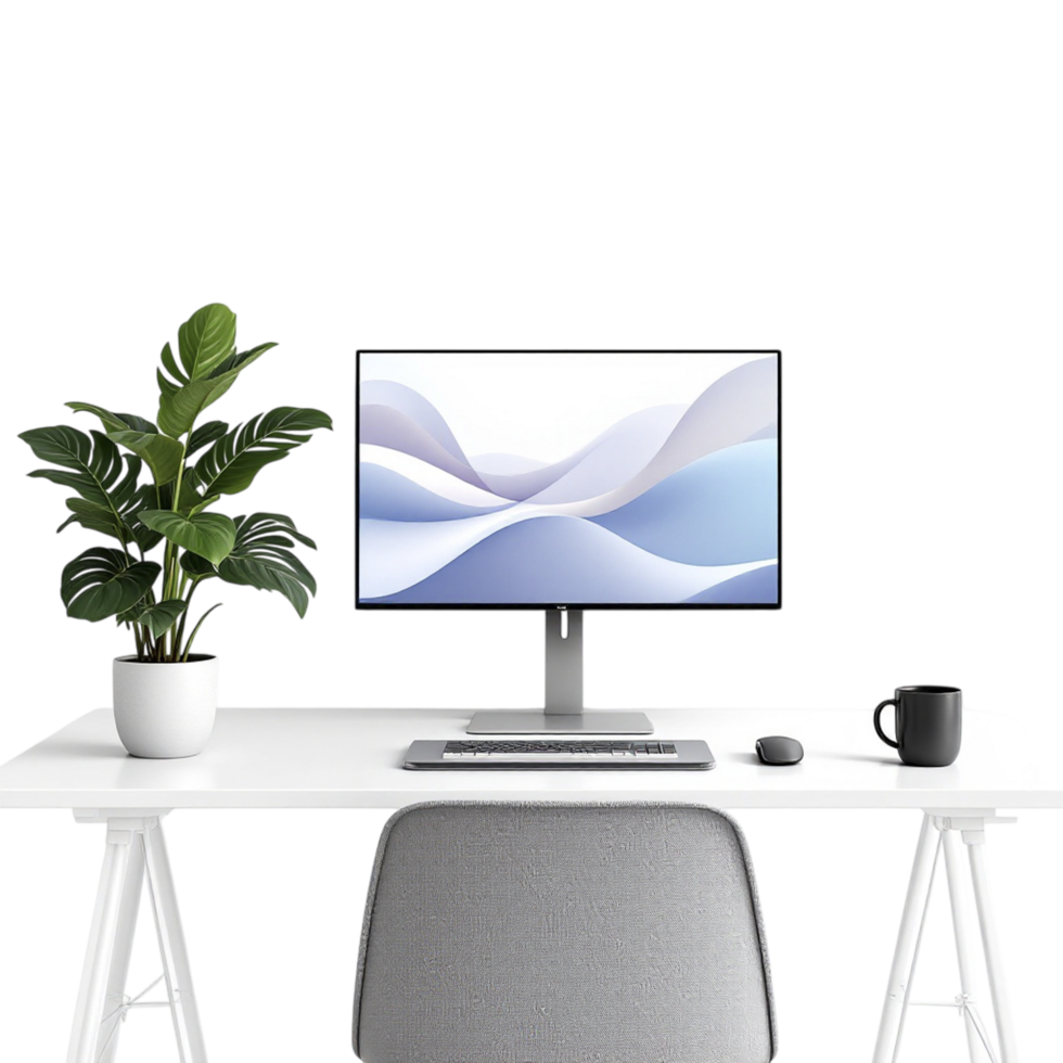 A desk with a computer monitor and a plant png