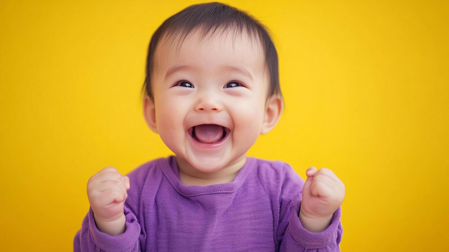 Joyful baby against a bright yellow backdrop, radiating happiness with a big smile and clenched fists, showcasing pure, infectious delight. photo