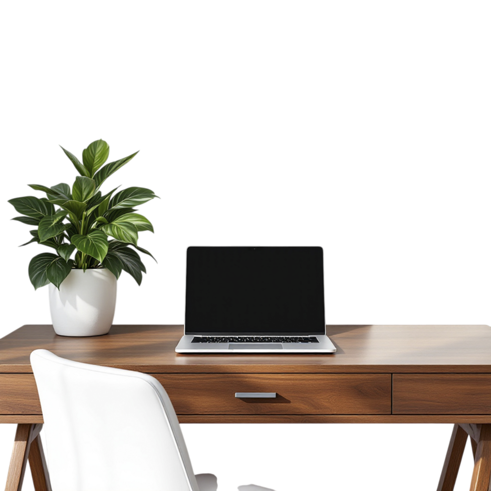 A laptop on a wooden desk with a plant png