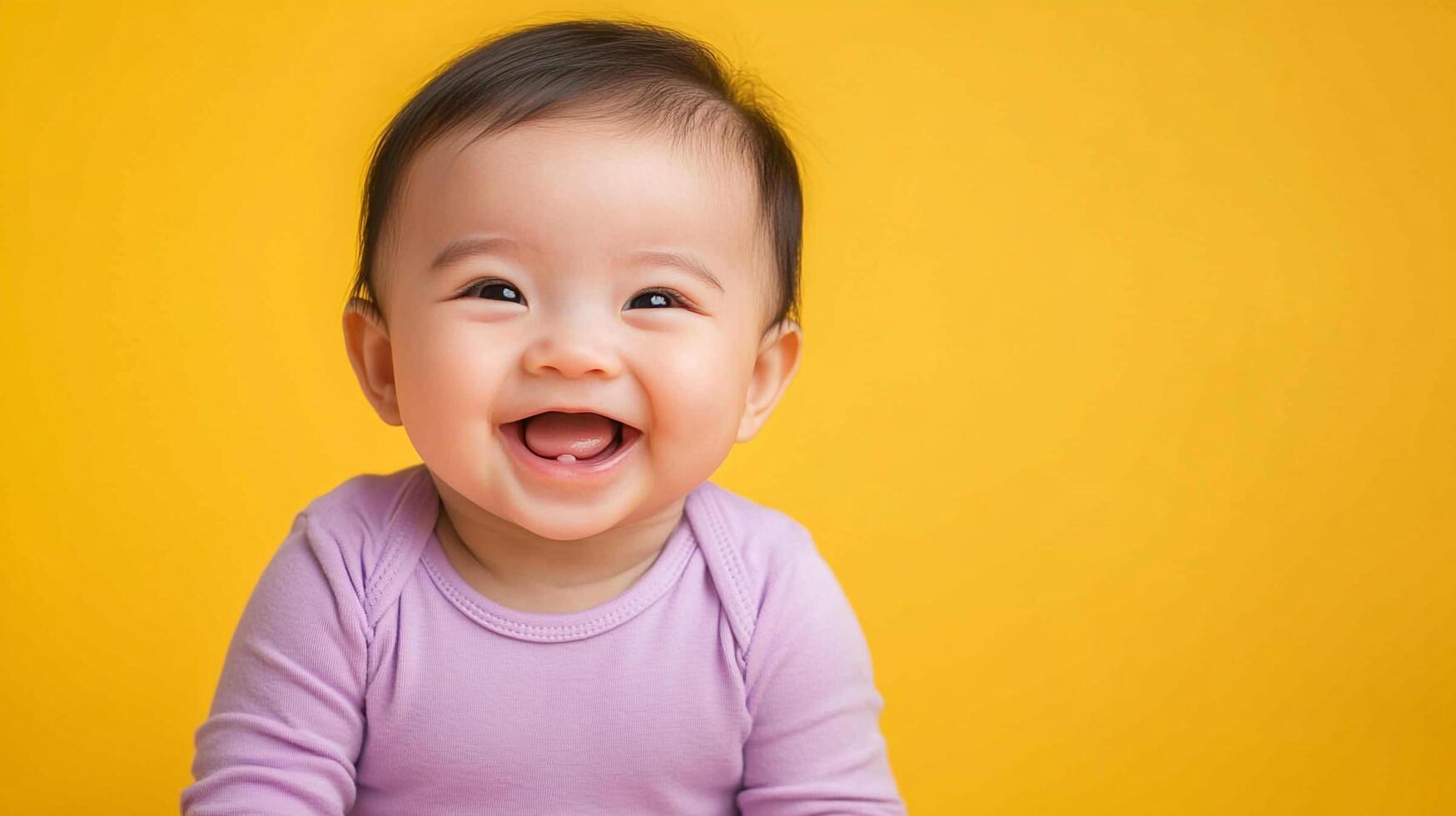 Radiant infant joyfully grins, exhibiting pure delight. Her cheerful expression brightens a sunny yellow backdrop, highlighting baby's glee. photo