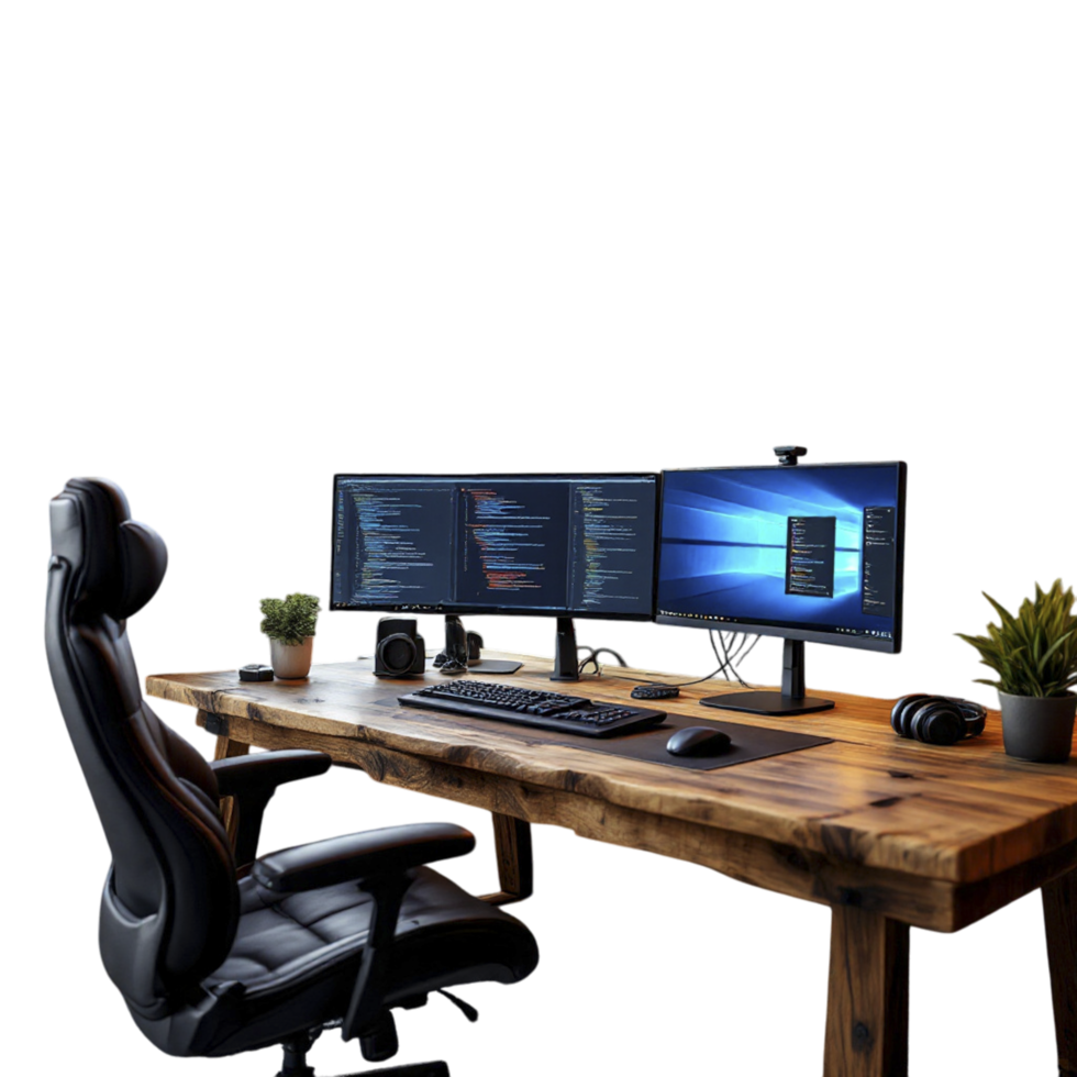 A desk with two monitors and a computer png