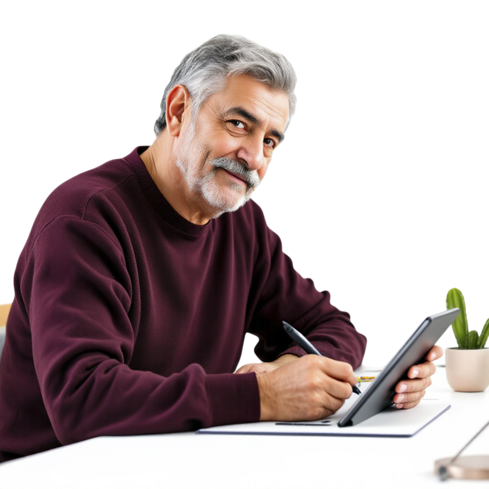 A man with a mustache and a pen is sitting at a desk with a tablet png