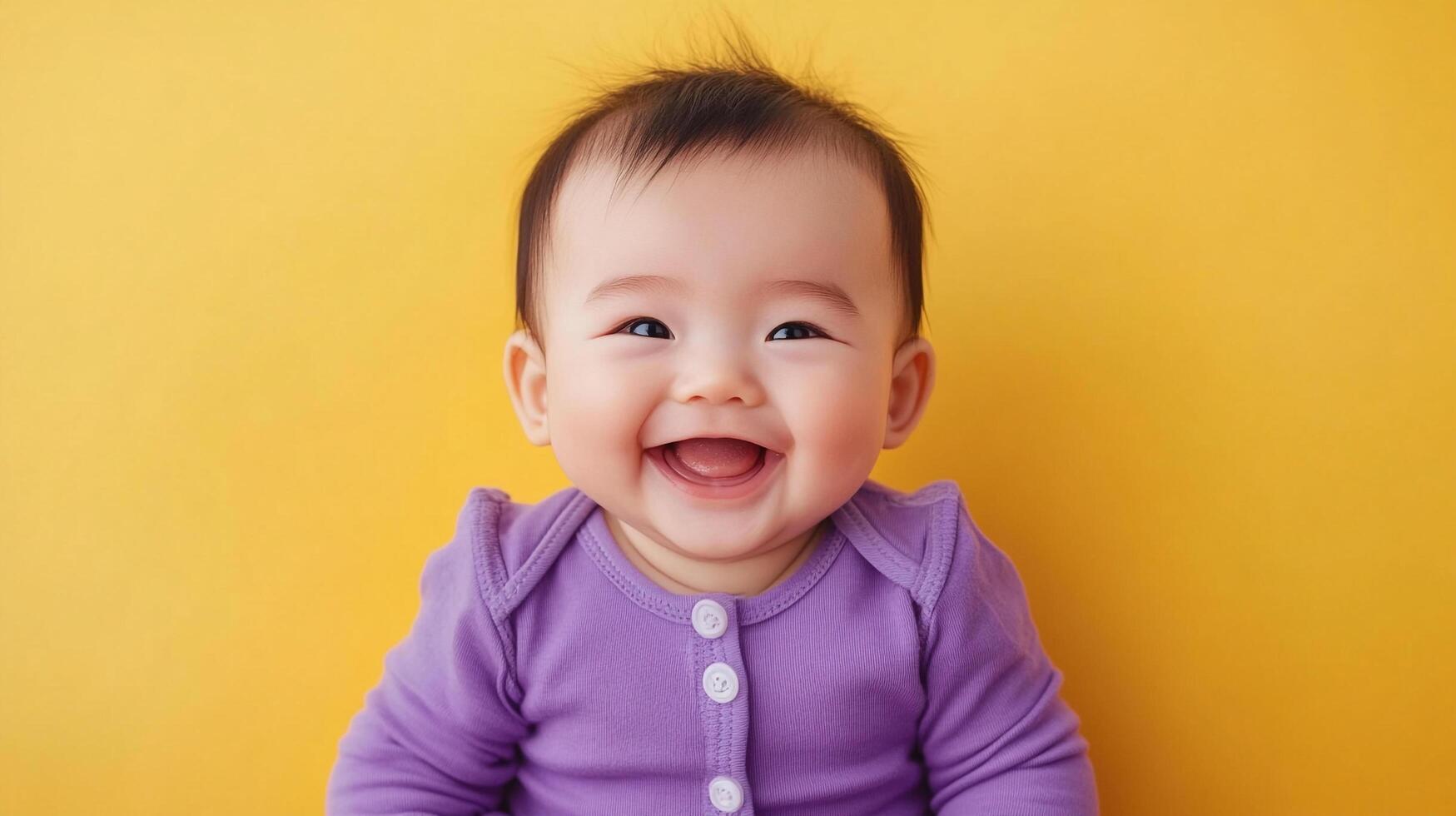 A heartwarming image of a baby, showcasing innocence and joy with a bright smile against a vibrant yellow background. Purity in full display. photo