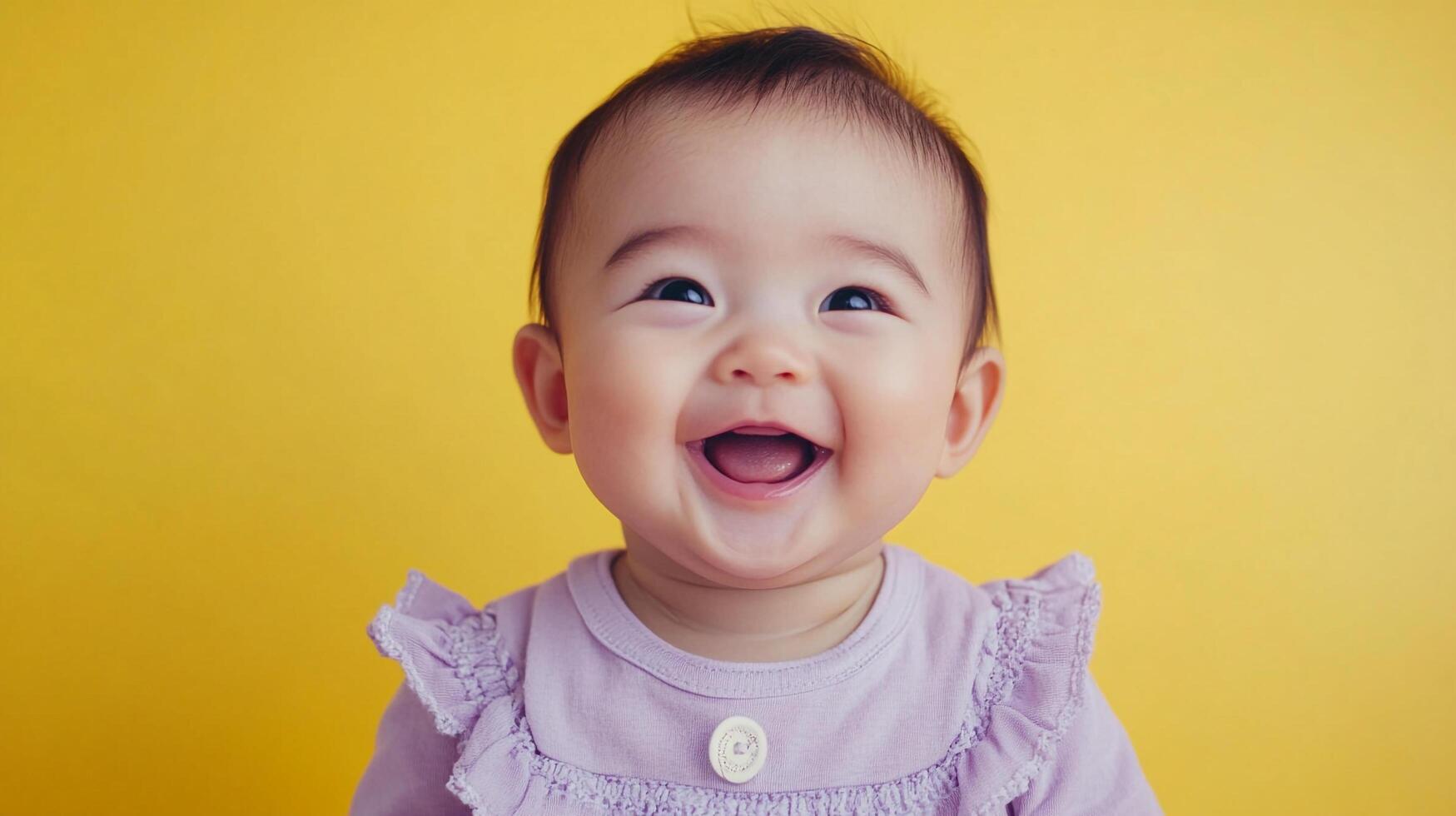 A bright-eyed baby with a joyful smile, set against a vibrant yellow backdrop. Pure happiness and innocence shine through. photo
