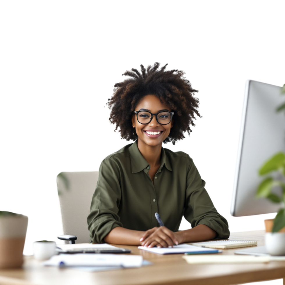 A smiling woman in glasses sits at her desk png