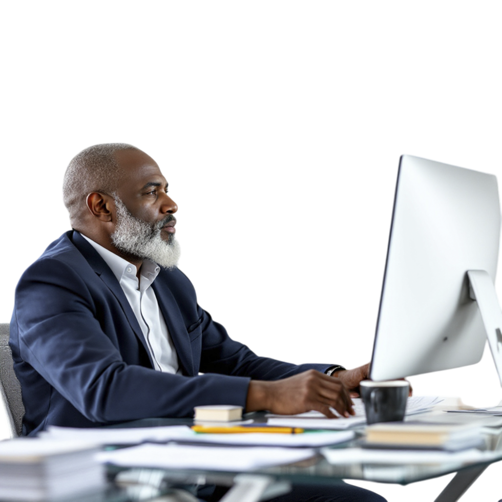 A man in a suit sitting at a desk with a computer png