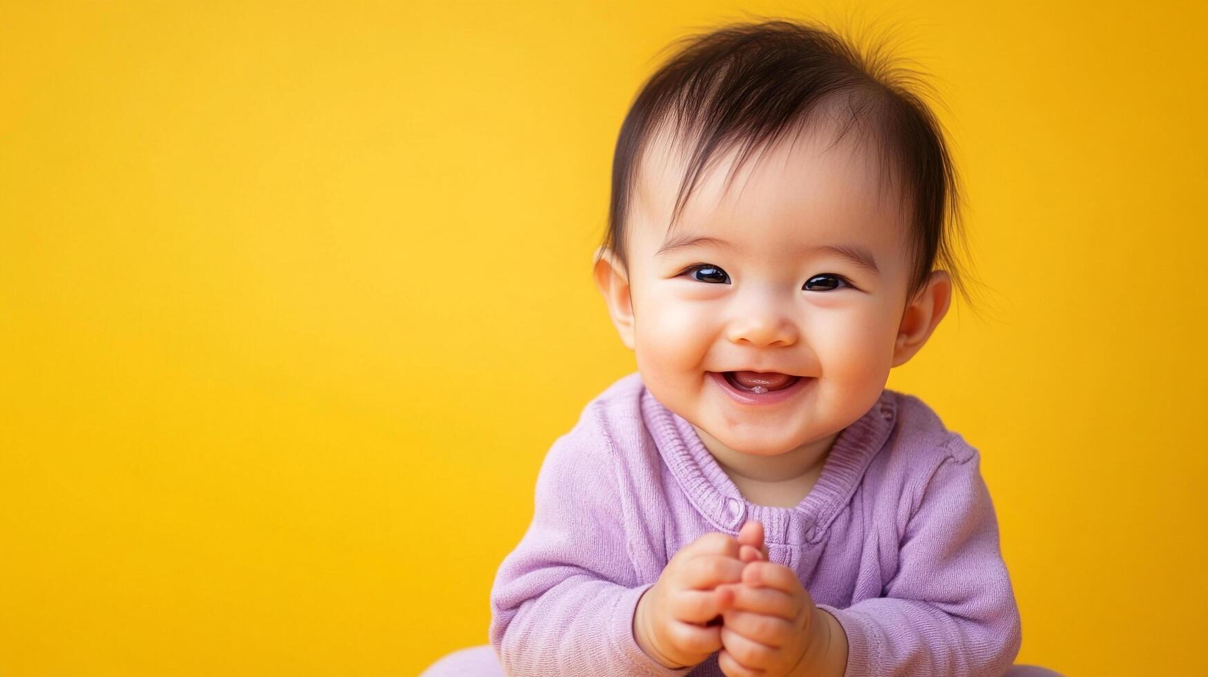 A smiling baby with dark hair and eyes in front of a bright yellow background radiates joy and innocence with a captivating expression. photo
