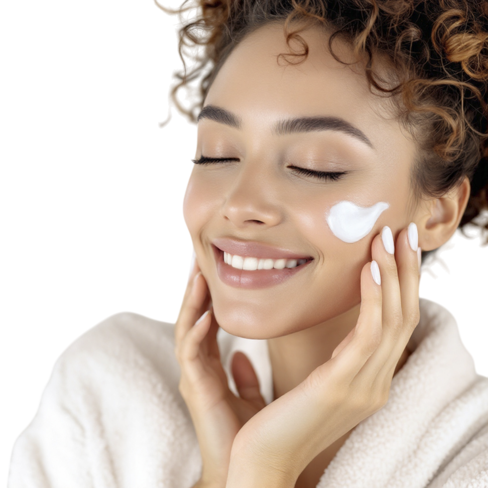 A woman with curly hair is smiling while holding a cream png